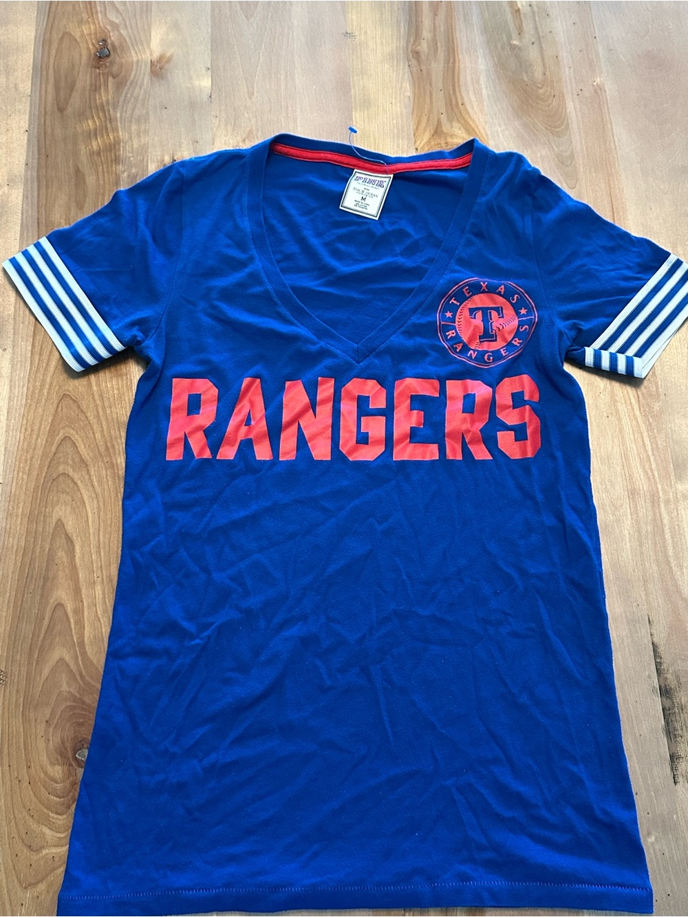 PINK Victoria's Secret Blue V-Neck Rangers Tee with Red Logo
